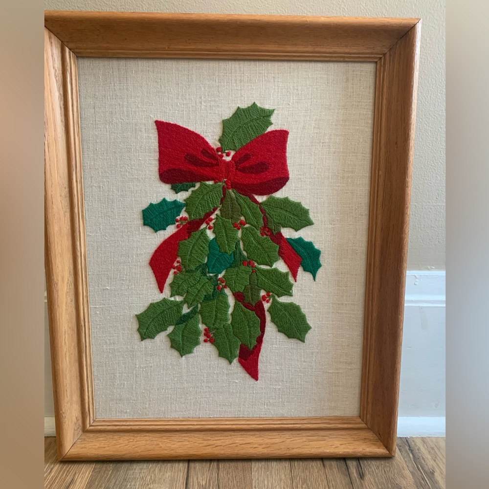 Vintage Handcrafted Crewel Embroidered Holly Swag  Circa 1984 (Frame included)